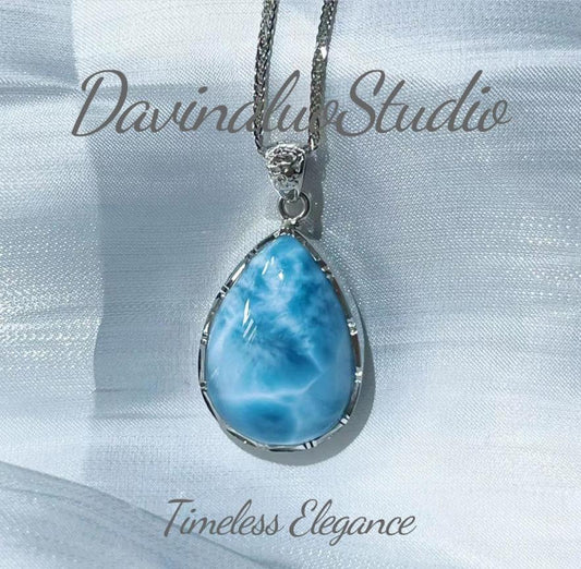 S925 Silver  Natural Dominican Larimar Pear Cutting Necklace  9.1g