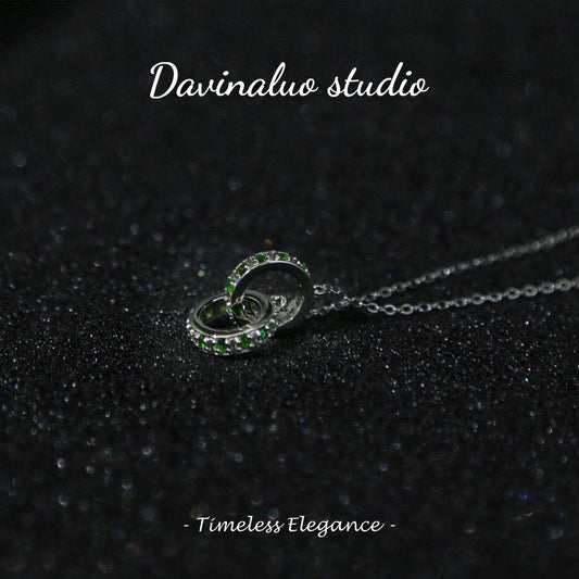 S925 Silver Natural Diopside Double Ring Necklace 14021