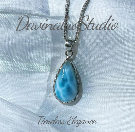 S925 Silver  Natural Dominican Larimar Pear Cutting Necklace 4.2g