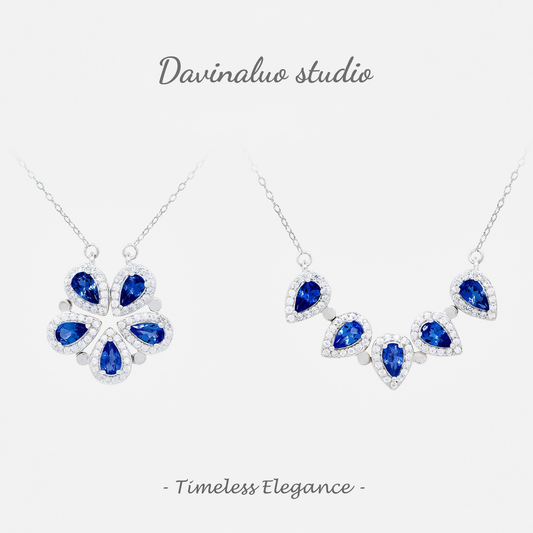 S925 Silver Royal Blue Sapphire Flower Two-ways Wearing Flower&Smile Necklace  02012
