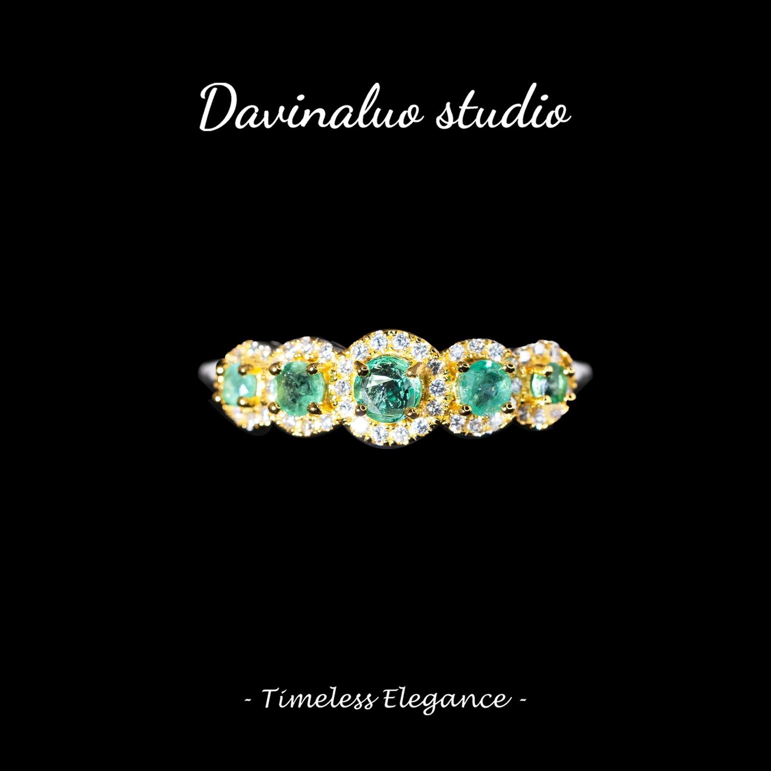S925 Silver Colimbia Emerald  5 Gemstones Classic Round Row Ring 2075